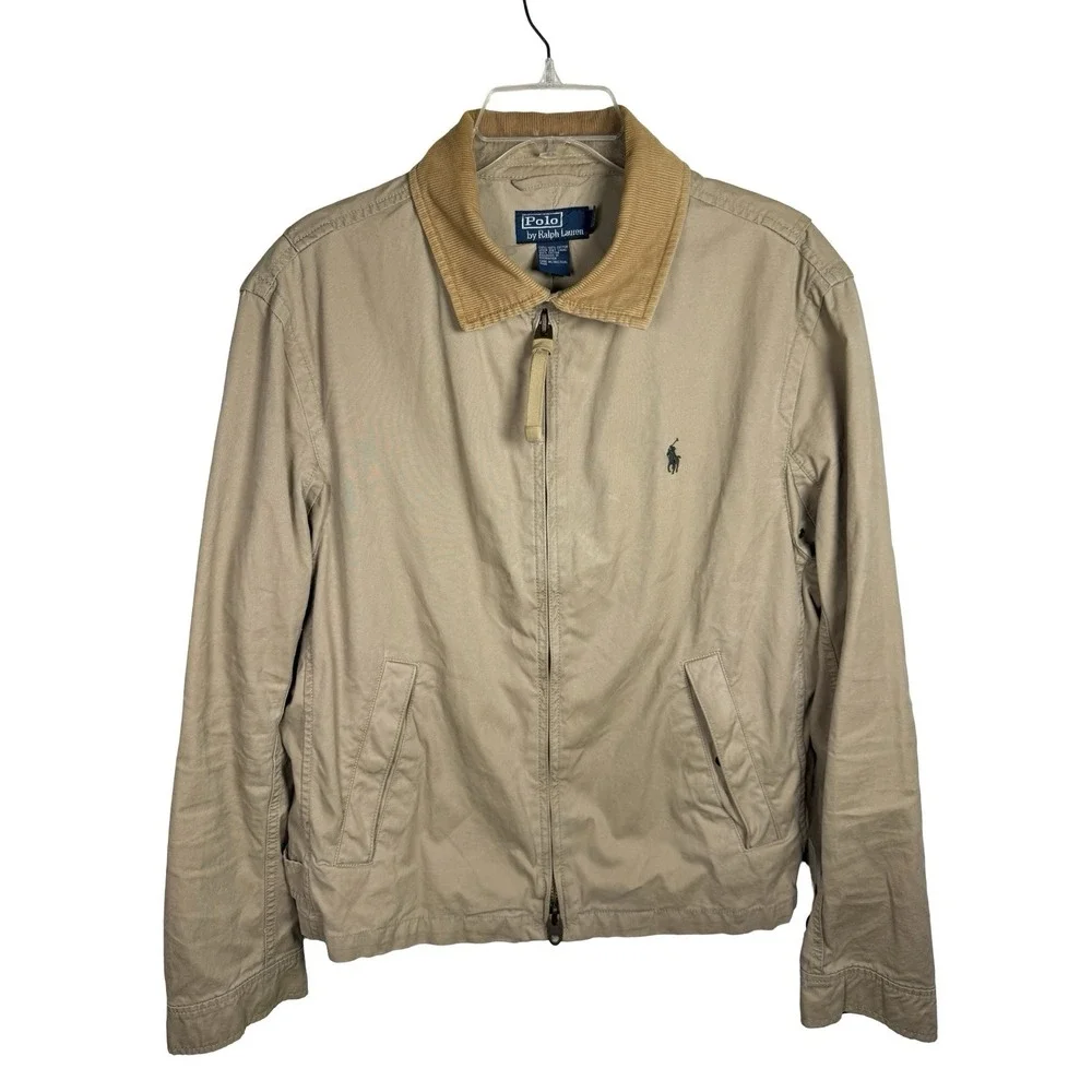 Vtg Polo Ralph Lauren Men L Khaki Field Jacket Corduroy Collar Military